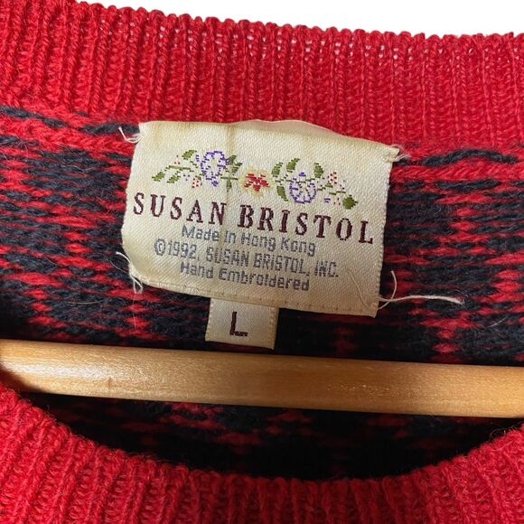 VTG Susan Bristol Wool Christmas Cottage Sweater L 90s Hand Embroidered Ugly 3D - Picture 3 of 8